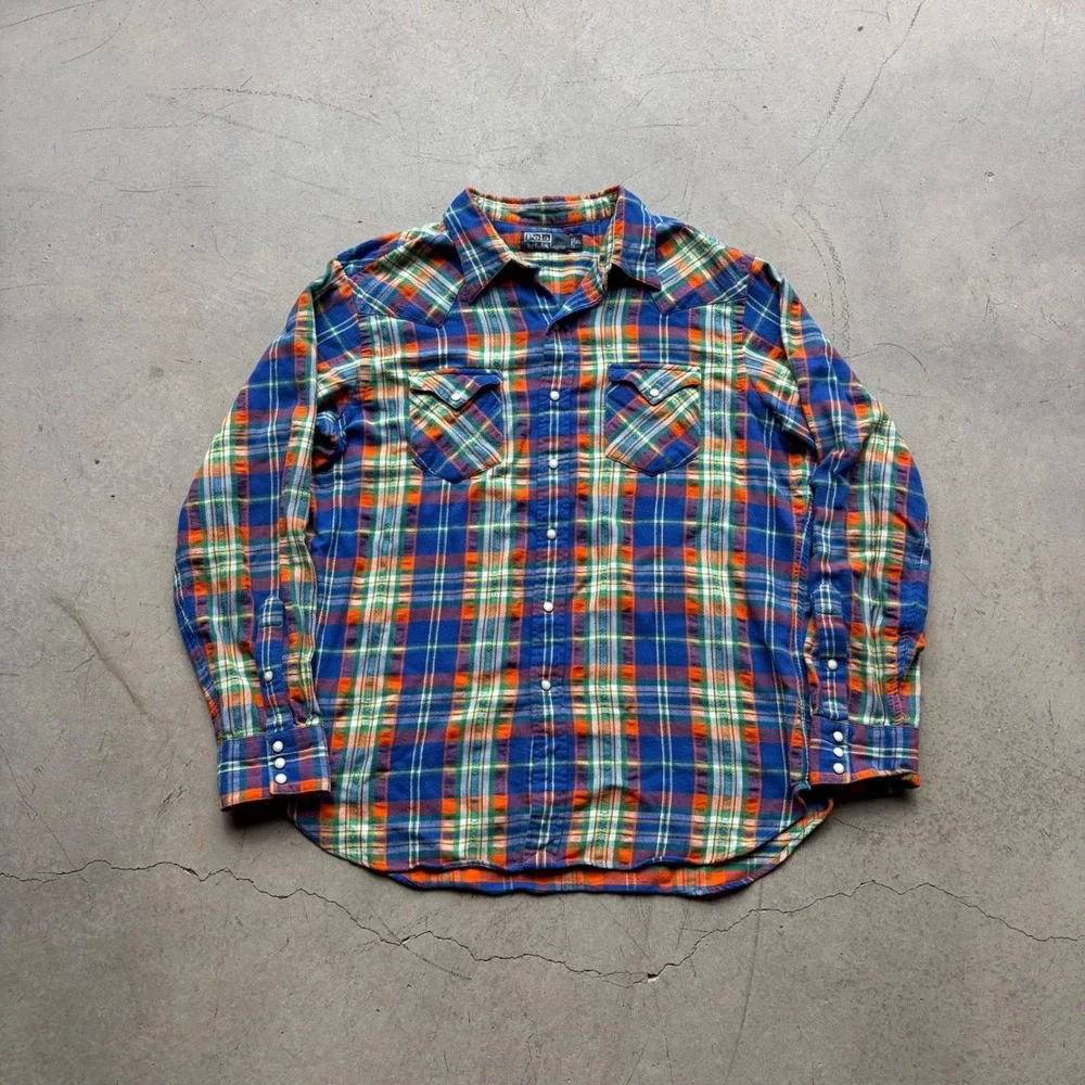 Polo Ralph Lauren Mens XL Plaid Western Pearl Snap Shirt Blue Orange Flannel